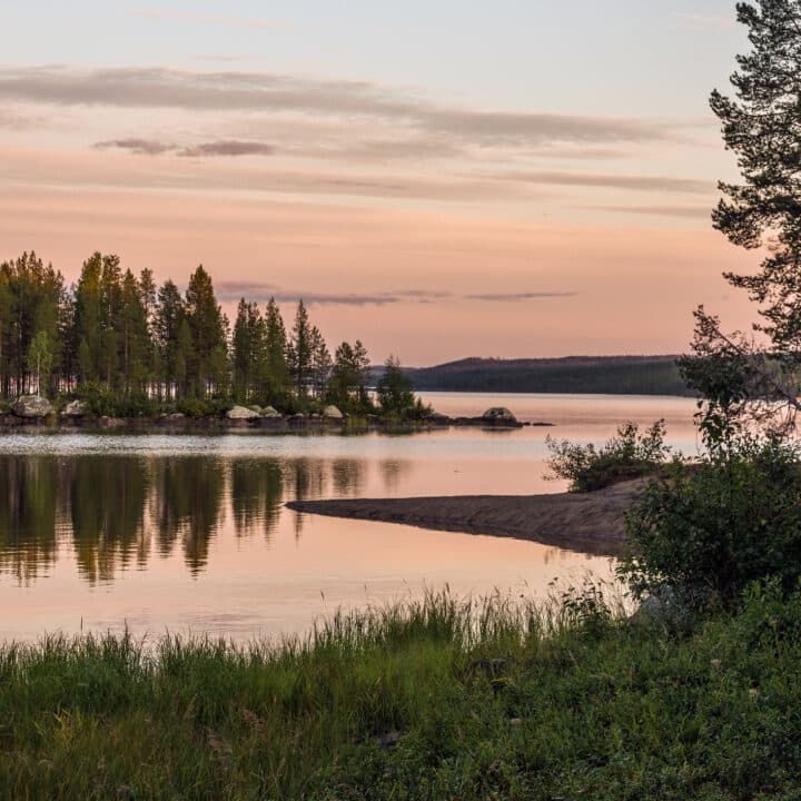 Sunset in marshland and pines surrounded by the mountains of the Muddus national park, Norrbotten ...