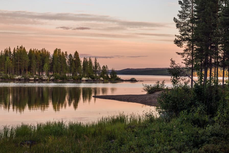 Sunset in marshland and pines surrounded by the mountains of the Muddus national park, Norrbotten ...