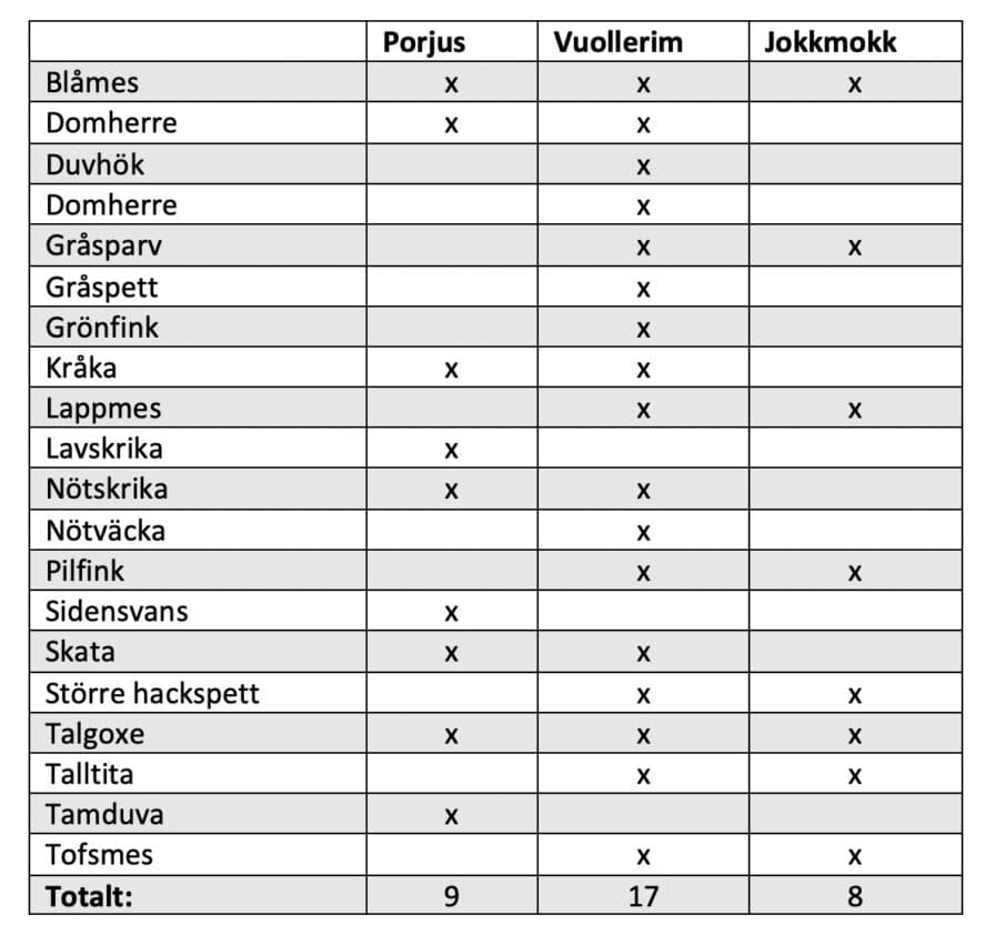 Arter sedda under fågelbordstävlingen 2023